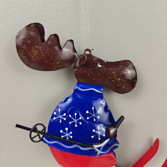Skiing Moose Metal Christmas Tree Ornament Snowflake Sweater Holiday Winter 5” - Picture 6 of 8